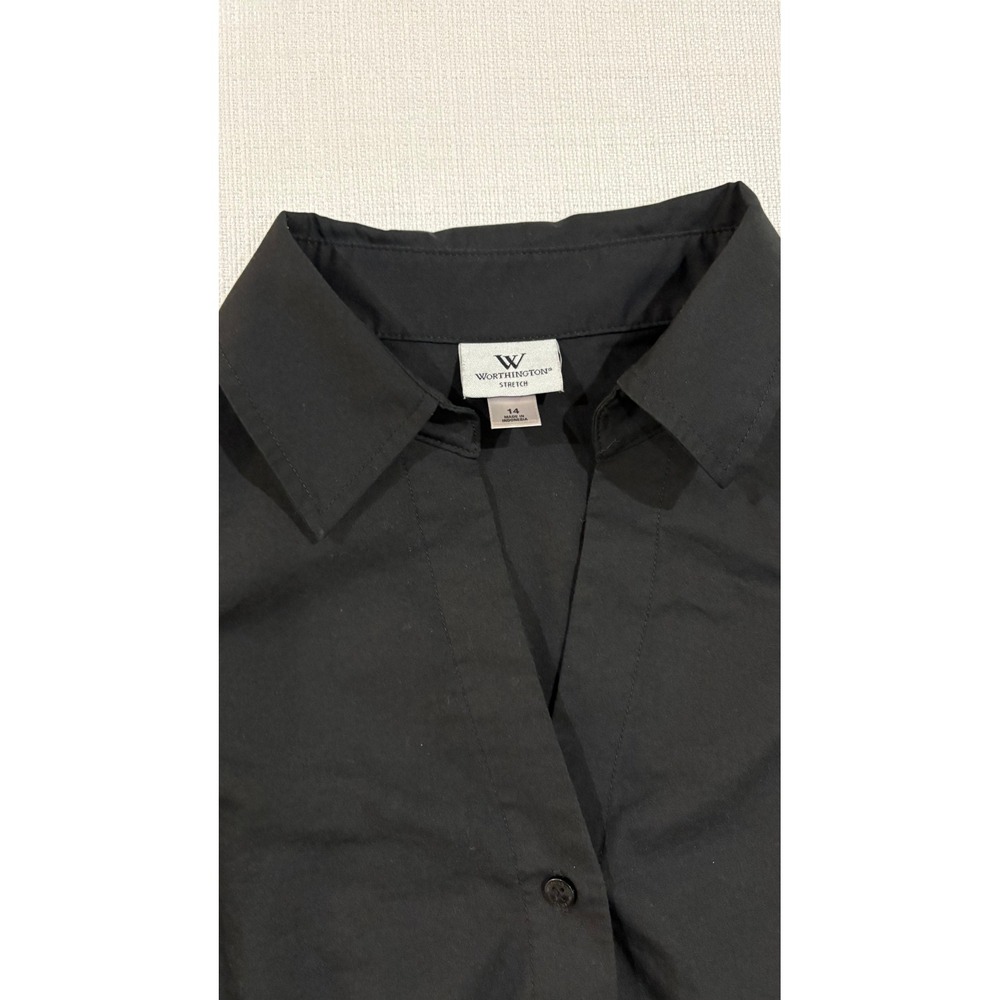 Worthington Button Up Shirt Women 14 Black Excellent Stretch Professional V-Neck